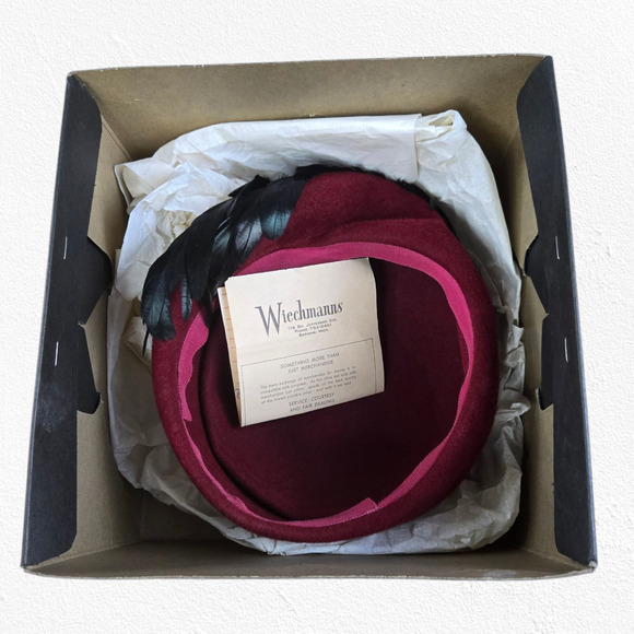 1950s Vintage Burgundy Wool Hat Black Feathers Mid-Century Formal Fascinator - Picture 8 of 10